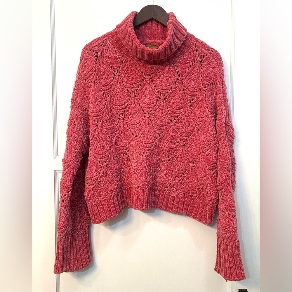 POL Chunky Knit Turtleneck Sweater Women's Medium Pink Cropped Pullover